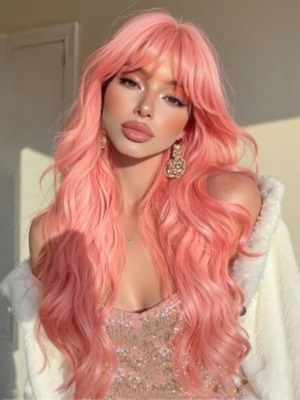 Pink Wig with Bangs for Women, 26 Inch Long Wavy Synthetic Wig